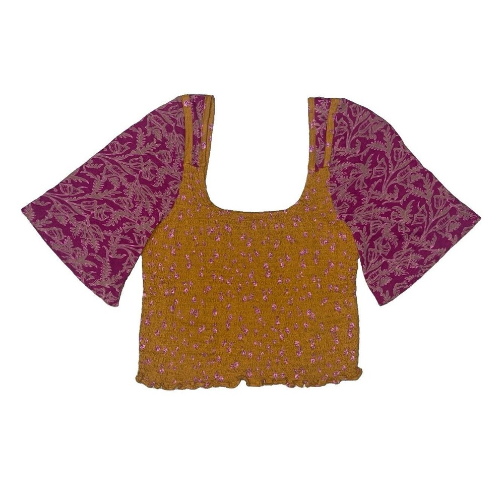 Free People Marigold Smocked Top Size MED Gold Pink Floral Boho Peasant Western